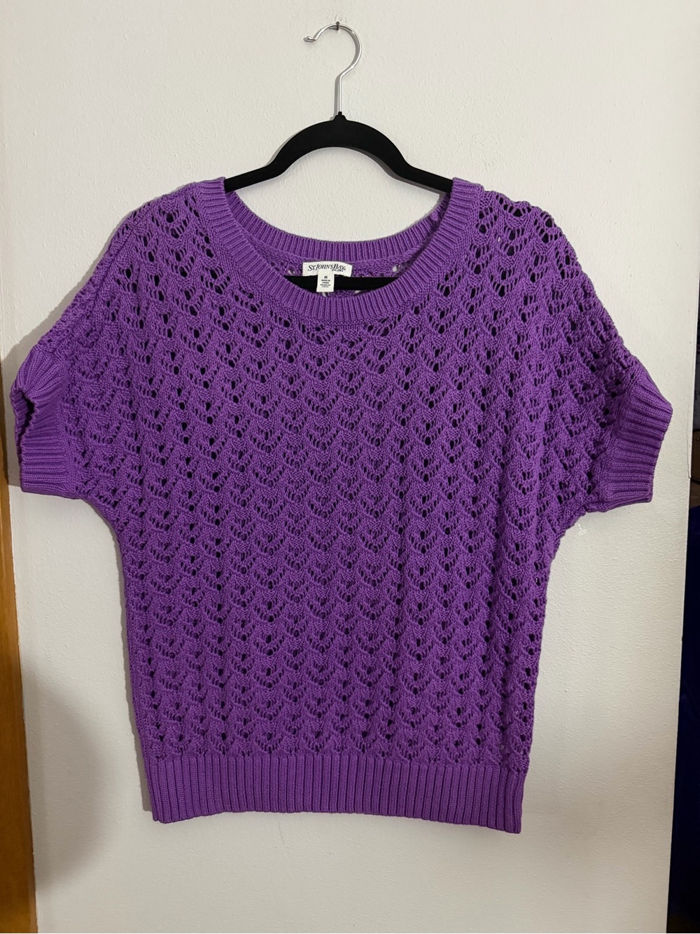St. John's Bay Purple Open-Knit Short Sleeve Crewneck Sweater